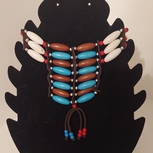 Colorful Beaded Necklace with Brown, Blue, and White Accents